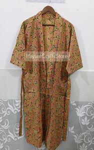 Kimono largo sin cuello para mujer con estampado indio a rayas, de manga larga, hecho a mano, para estar en casa, verano y primavera. - Product Image 4