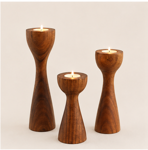 Handcrafted Mid-Century Modern Wooden Candle Holder Set Of 3 Premium Solid Teak Wood Pillar Stands For Elegant Table Centerpiece - Product Image 5