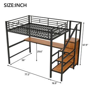 <b>Black</b> Full-Size Metal Loft <b>Bed</b> with LED Light Desk <b>Storage</b> Staircase Small Wardrobe - Product Image 5