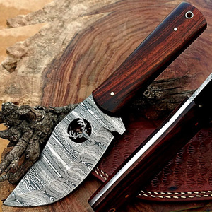 Cuchillo de caza OEM Wirecut de acero de Damasco, cuchillo Skinner con mango de madera, hoja fija para camping, cuchillo EDC para exteriores con funda de cuero - Product Image 1