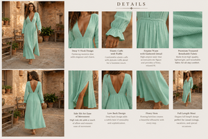 Vestido Maxi de Gasa de Algodón Verde Menta para Mujer, Cuello en V Profundo, Manga Larga, para Vacaciones en la Playa, Vestido de Verano - Product Image 2
