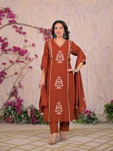 Elegante Conjunto de Kurta, Pantalón y Dupatta de Algodón Marrón Terracota con Estampado Digital, de Secado Rápido, Corte Holgado, Cuello en V y Detalle de Encaje para Mujer - Product Image 4