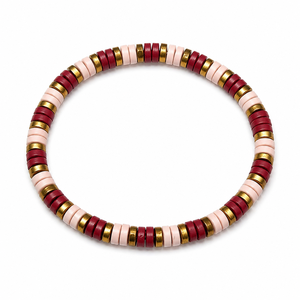 Custom Handmade Zinc Beaded Heishi <b>Stretch</b> <b>Bracelet</b> for Women Burgundy Pink and Gold Trendy Party Fashion Jewelry Wholesale - Product Image 1