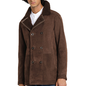 <b>Men's</b> Brown <b>Suede</b> Double Breasted PU Leather Shell <b>Jacket</b> Faux Fur Collar Anti-Wrinkle Custom Option Regular Fit Winter Casual - Product Image 1