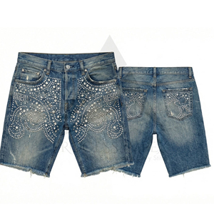 กางเกงยีนส์ขาสั้นผู้ชายประดับคริสตัลหรูหรา สไตล์สตรีทแวร์ลำลอง แบรนด์ Process Impex - Product Image 4