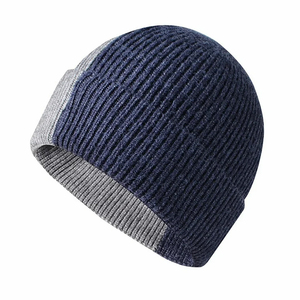 Bonnet côtelé unisexe bleu marine avec revers contrastant gris, bonnet d'hiver décontracté pour adultes 56-58CM, tricoté à la machine en acrylique - Product Image 3
