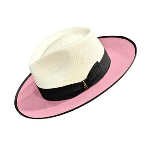 Chapeau Fedora en paille bicolore avec ruban noir et bord rose, chapeau de soleil de plage pour femme, style décontracté printemps-été - Product Image 3