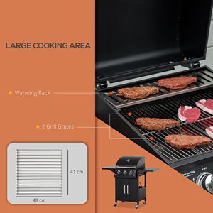 Griglia a Gas Portatile Nera da Esterno a 3 Bruciatori con Ripiani Scaldavivande, Termometro e Ruote - per Alimenti Affumicati, Barbecue e Pizza - Product Image 4