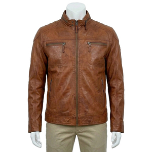 Veste moto en cuir véritable marron pour homme, col montant, fermeture éclair, coupe classique, style automne - Product Image 1