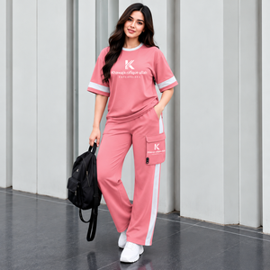 Khawaja Rafique Ullah Women's Pink 2 Piece Sporty Tracksuit Set Crew Neck Short Sleeve Loose Fit <b>All</b> Seasons Breathable Knitted - Product Image 3