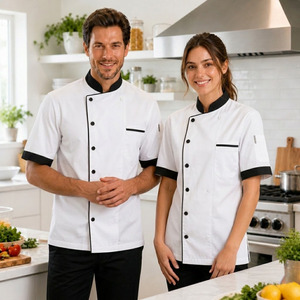Custom Chef Coat Short Sleeve Mandarin Collar Breathable Stretch TR Spandex <b>Kitchen</b> Uniform with Logo - Product Image 1