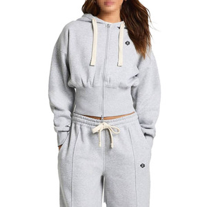 Conjunto de Sudadera Corta con Detalle de Corsé y Pantalones Anchos de Cintura Ajustada para Mujer, Chándal Personalizado de Felpa de Algodón Grueso - Product Image 3