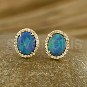 Pendientes de Oro Sólido de 18K con Ópalo Azul Natural, Diseño Clásico para Regalo de Boda, con Halo de Diamantes y Gema Ovalada Doble - Product Image 5