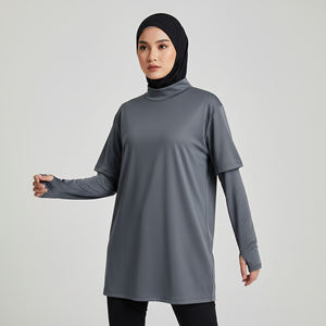 Breathable Modest Muslim Womens Activewear Shirt Drop Shoulder Thumbhole Sleeves Sports Running Gym Fitness Activities - Product Image 1