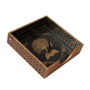 Boîte à mouchoirs en bois oriental avec motif d'arbre doré et plateau organisateur intérieur noir - Product Image 1