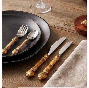 Ensemble de couverts vintage en acier inoxydable avec poignées dorées, 4 pièces, vaisselle pour dîner, passe au lave-vaisselle, pour table de mariage - Product Image 6
