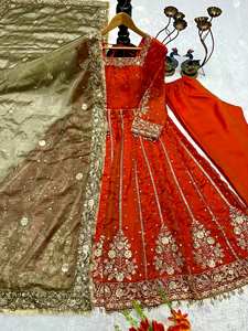 Robe de soirée en soie brodée pour femme – Robe ethnique prête-à-porter à manches longues avec travail de sequins de 5 mm - Product Image 4