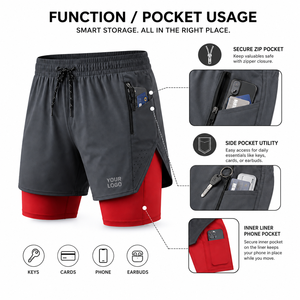 Short de sport deux-en-un pour homme avec doublure intérieure respirante et poche zippée, rouge et gris - Product Image 2