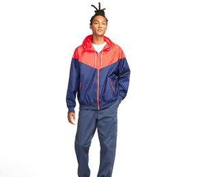 Chaqueta con capucha a prueba de viento para hombre, con bloques de color, cierre de cremallera, diseño deportivo azul y rojo para actividades al aire libre. - Product Image 1