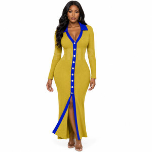 HMR Sorority Sisterhood Long Sleeve Maxi <b>Cardigan</b> Dress With <b>Button</b> Closure And Slit Contrast Color Turn-down Collar - Product Image 1