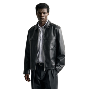 Veste streetwear pour homme en cuir véritable noir, col chemise, fermeture éclair sur le devant, coupe décontractée, minimaliste, vêtement d'extérieur de mode haut de gamme personnalisé OEM - Product Image 1