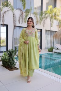 Chanderi Beads Gown <b>Flared</b> Kurta Silk Pants Cutwork Lace Dupatta Round Neck Stitched Women Three Piece Salwar Suit Set - Product Image 6