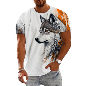 T-shirt à manches courtes pour homme en coton imprimé loup, col rond, coupe classique, motif animal, tissu jersey respirant - Product Image 5