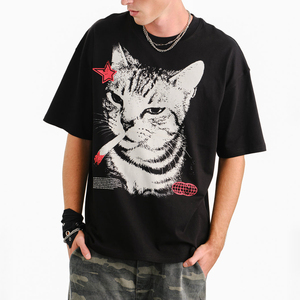 เสื้อยืดคอตตอนพิมพ์ลาย Cat After Hours DTF สไตล์สตรีทแฟชั่นทรงบ็อกซี่ โอเวอร์ไซส์ ทรงหลวม พิมพ์ลายกราฟิกคลาสสิก เสื้อยืดผู้ชาย - Product Image 1