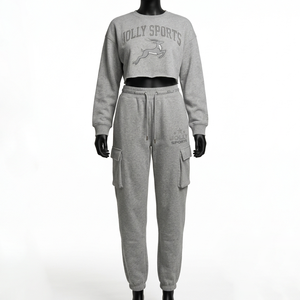 Women Premium 320 GSM Cotton Fleece Crop <b>Top</b> And Cargo Pant Set Purple <b>Rhinestone</b> Heat Transfer Custom Logo Women's Sets - Product Image 2