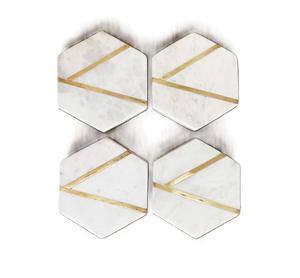 Modern Luxury Hexagon Tea <b>Coaster</b> Set Handcrafted <b>Gold</b> Brass Inlay Natural White Marble Mats Pads for Bulk Table Use - Product Image 4