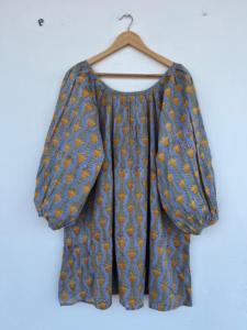 Vestido corto de algodón con estampado floral amarillo para mujer, manga larga abullonada, corte holgado, estilo bohemio, informal, para verano, playa y vacaciones - Product Image 4