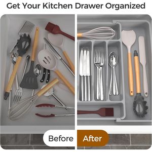 Organizzatore per posate da cucina espandibile extra large, senza BPA, per alimenti, in argento, per cassetti e utensili - Product Image 3