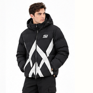 Chaqueta de Invierno Acolchada para Hombre con Capucha, Diseño Geométrico en Blanco y Negro, Resistente al Viento, Cuello Alto, Cierre de Cremallera, Estilo Deportivo - Product Image 3