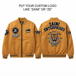 เสื้อแจ็คเก็ตบอมเบอร์กันลม ผ้าซาตินโพลีเอสเตอร์ พรีเมียม 220 GSM สีทองดำ แต่งขอบริบบิ้น ปักโลโก้ตามแบบที่กำหนดเอง สำหรับทุกเพศ ฤดูหนาว - Product Image 1