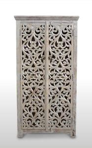 Luxury Handcrafted Solid Wood 2 Door <b>Wardrobe</b> Ornate Filigree Scroll Carving Distressed White Armoire - Product Image 6