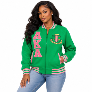 Chaqueta Varsity Unisex Verde de Forro Polar con Bordado Rosa de Chenilla de Letras Griegas, Estilo Universitario, Algodón Premium, con Cremallera, Ropa Urbana - Product Image 1