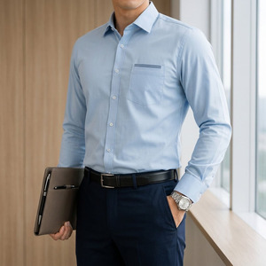 เสื้อเชิ้ตแขนยาวสีฟ้าอ่อนพร้อมกางเกงสีกรมท่า ผ้าฝ้ายระบายอากาศสำหรับผู้ใหญ่ - Product Image 5