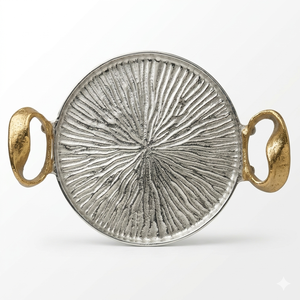 Plateau de service rond texturé argenté de luxe avec poignées dorées - Plateau décoratif professionnel au design soleil pour hôtel et maison - Product Image 1