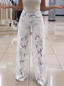 Jean Y2K à fleurs en dentelle ajourées, taille haute, coupe droite, jambe large, couleur unie, pantalon pour femme - Product Image 2