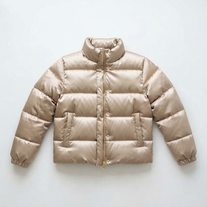 Unisex Beige Varsity <b>Jacket</b> Stand Collar Zipper Closure Windproof Casual Winter Eco-friendly Cotton Filled Regular Fit 100 - Product Image 1