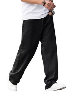Jeans de Mezclilla Negros de Pierna Recta para Hombre, Cintura Media, Corte Holgado, Estilo Casual de Algodón, para Otoño - Product Image 4