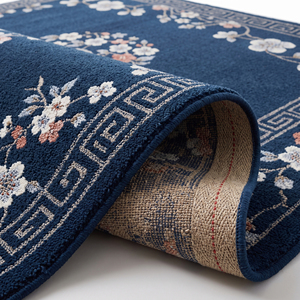 Tapis en laine bleu marine à motif floral botanique, motif de branche fleurie, tapis tufté à la main, antidérapant, écologique, luxe, salon, hôtel - Product Image 5