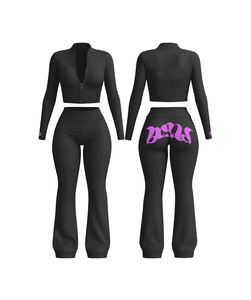 Premium 280 GSM polyester spandex black crop top and <b>flare</b> <b>legging</b> set soft stretch fit custom screen print puff logo athleisure - Product Image 1