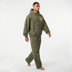 Conjunto Deportivo de Felpa de Algodón para Hombre, Sudadera con Capucha y Cremallera Completa, Hombros Caídos, Corte Holgado, Logotipo Personalizado, Color Verde Oliva Sólido - Product Image 2
