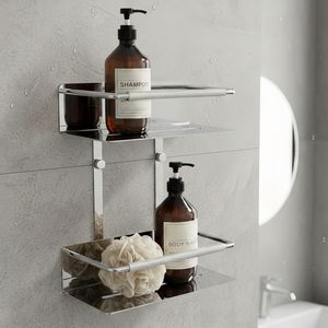 Elegant 2-Tier Stainless Steel Chrome Wall-Mounted Multifunction Bathroom Storage <b>Basket</b> <b>Square</b> with Non-Slip Handle - Product Image 1