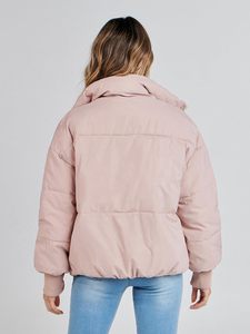 Women's Pink Quilted Jacket <b>Stand</b> Collar Full Sleeve Zipper Closure Solid Color Short Length Winter <b>Coat</b> - Product Image 2