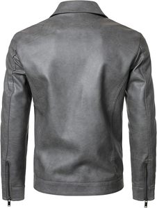 Giacca da Motociclista in Pelle PU Grigia per Uomo, Chiusura con Cerniera, Colletto Rovesciato, Maniche Regolari, Vestibilità Slim, Tinta Unita, Stile Autunnale - Product Image 3