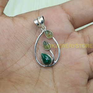 Natural <b>Green</b> Prehnite & <b>Green</b> Malachite Pendant 925 Sterling Silver Handmade Leaf Design Teardrop Gemstone <b>Jewelry</b> for Women - Product Image 3