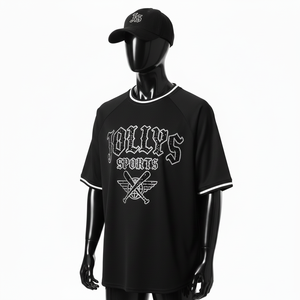 Camiseta de béisbol para hombre, tela de poliéster entrelazada, panel raglán, logotipo personalizado con pedrería, 100% algodón, corte holgado, estampada. - Product Image 4