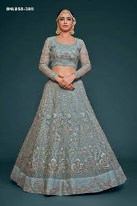 Ensemble Lehenga bleu pastel semi-cousu de qualité supérieure, en tissu filet doux avec broderie intégrale à motif à carreaux, fournisseur indien - Product Image 4